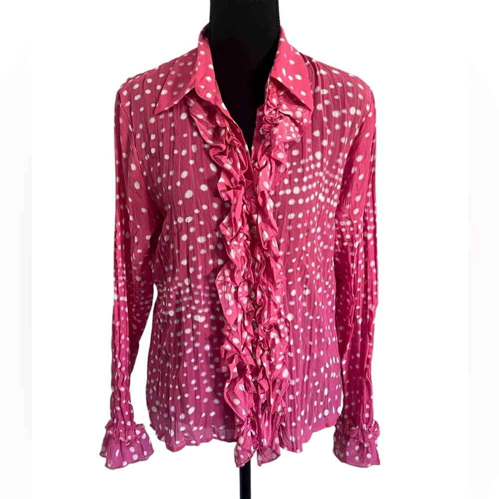 Violet & Claire Pink Ruffle Polka Dot Blouse
